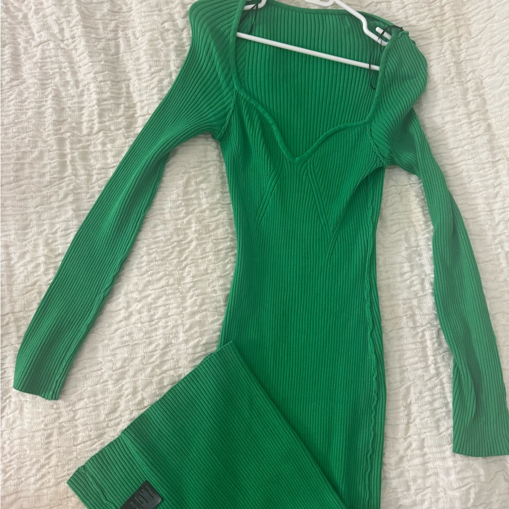 Green Ribbed Long Sleeve Dress